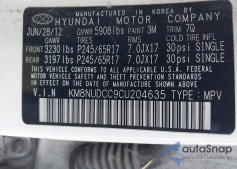 2012 Hyundai Veracruz Gls из США, поврежденный, VIN KM8NUDCC9CU204635